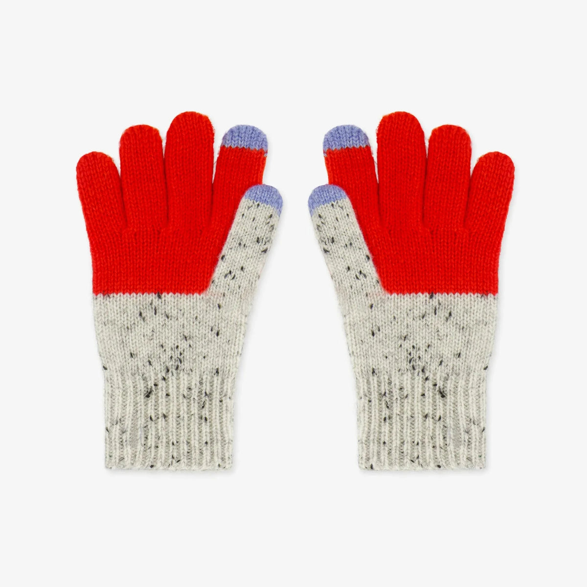 A pair of knit gloves with bright red fingertips and backs, combined with speckled light gray knit palms and cuffs, and light blue tips.