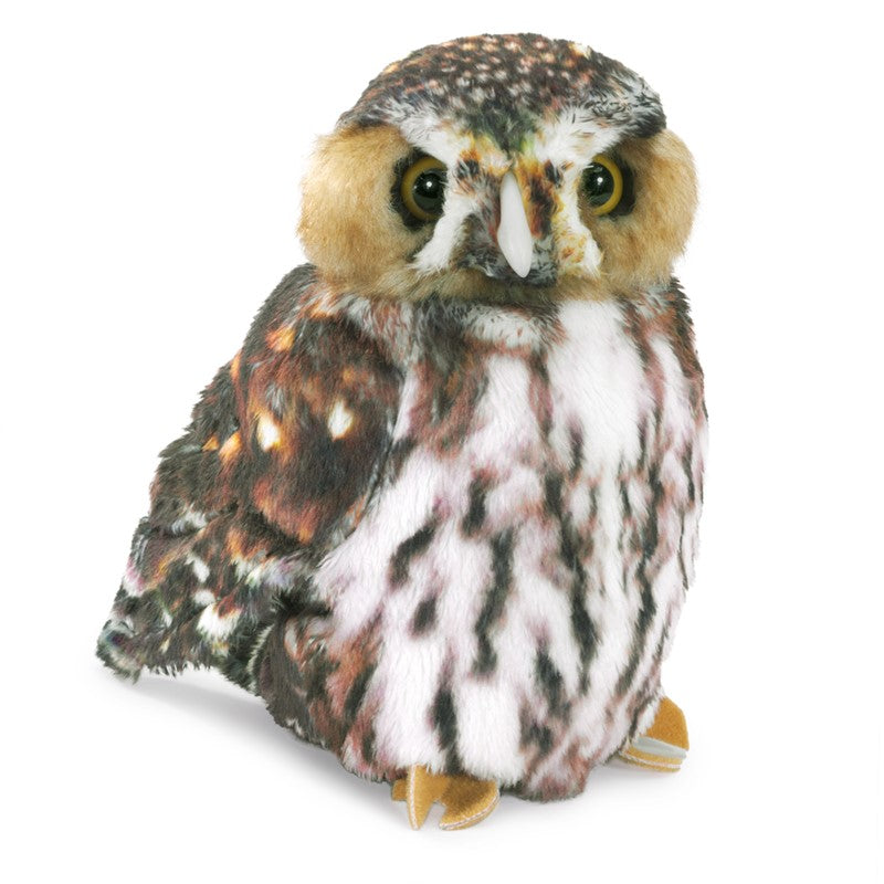 Plush owl toy with brown, white, and yellow colors on a white background