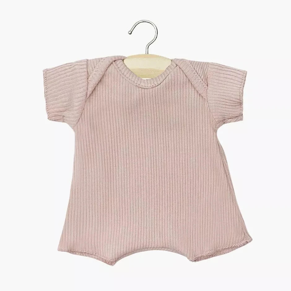 Pink baby  doll romper on a hanger against a white background