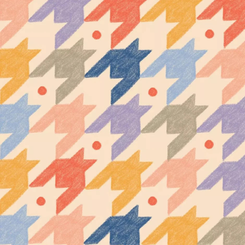 Patterned fabric with colorful geometric design on a beige background