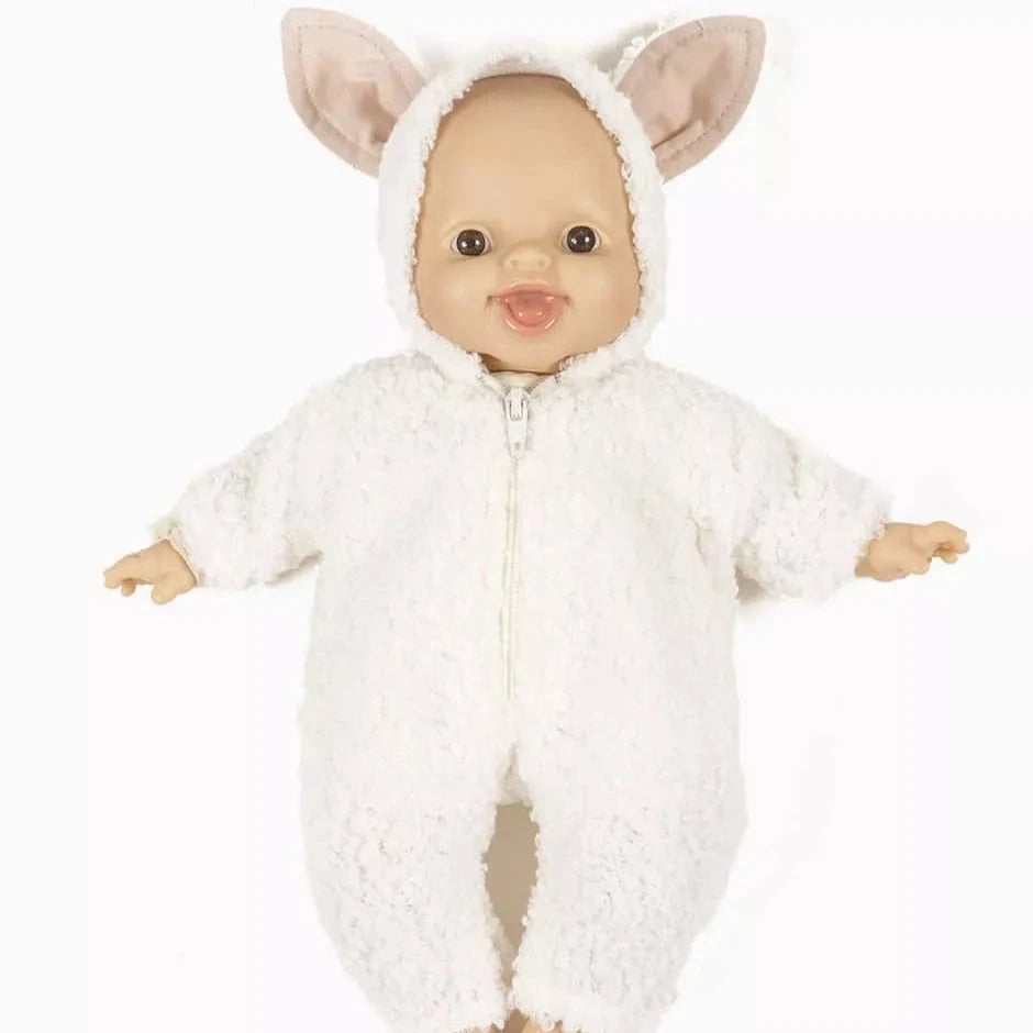 White plush doll suit with ears and cotton diaper in a small suitcase labeled 'minikane' on a white background