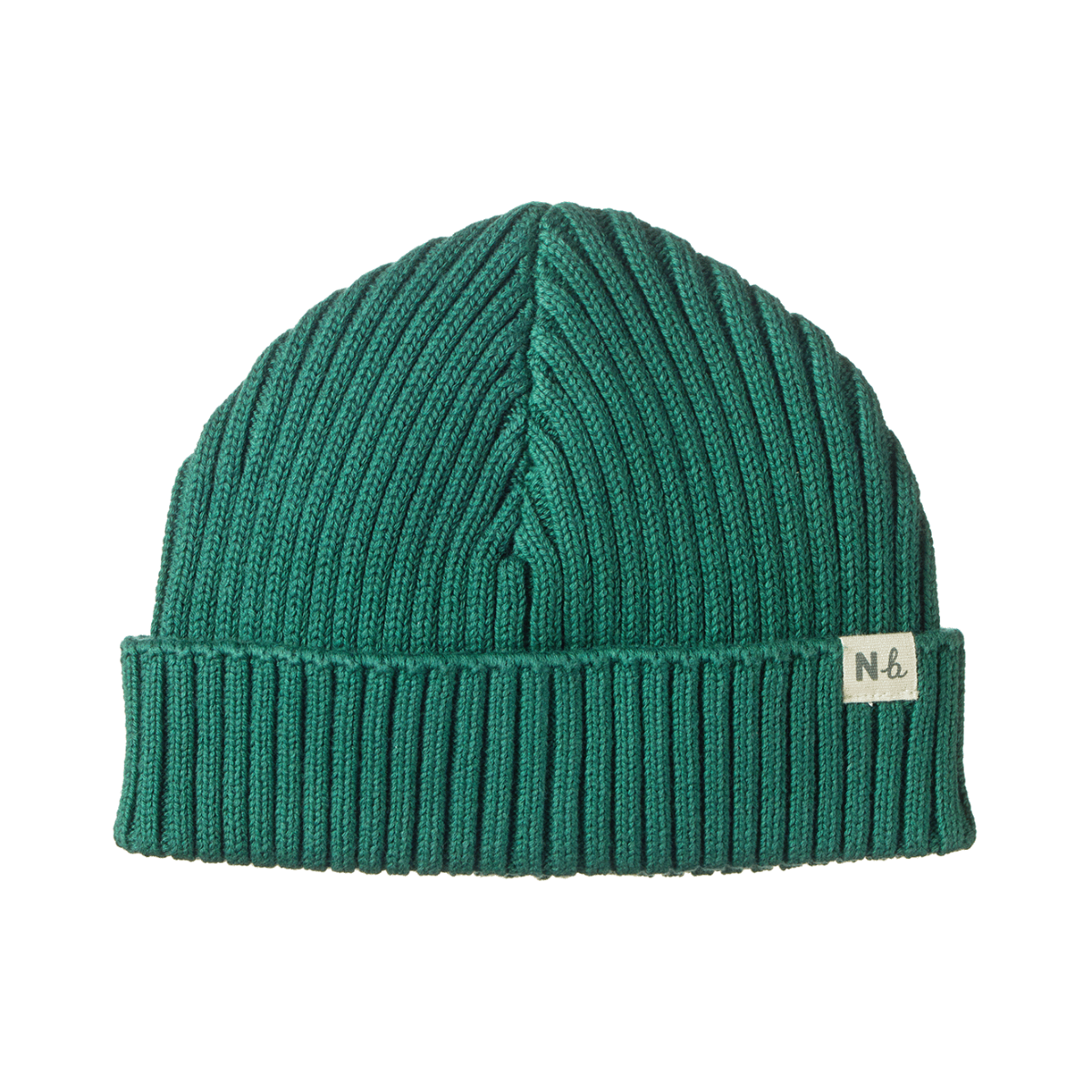 Green knit beanie with a logo on a white background