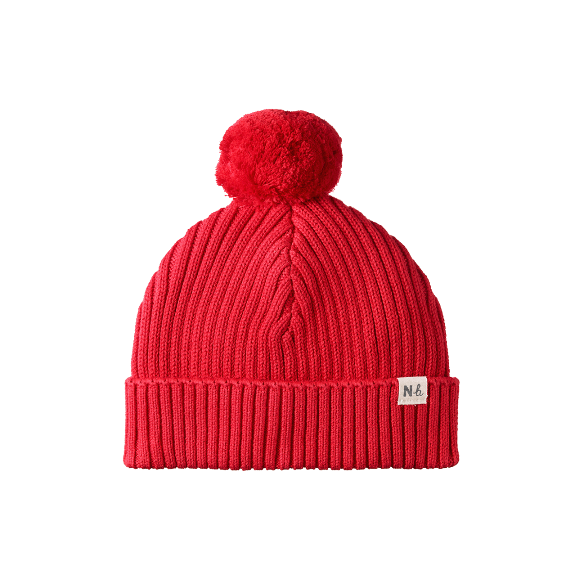 Red knit beanie with a pom-pom on a white background