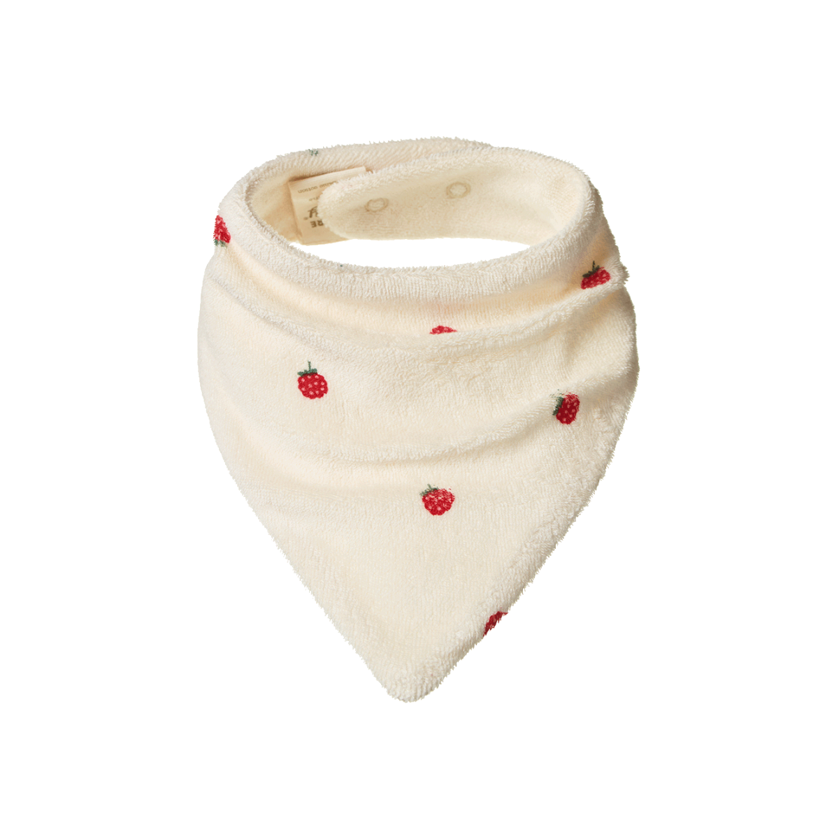 Cream-colored bandana bib with red berry patterns on a white background