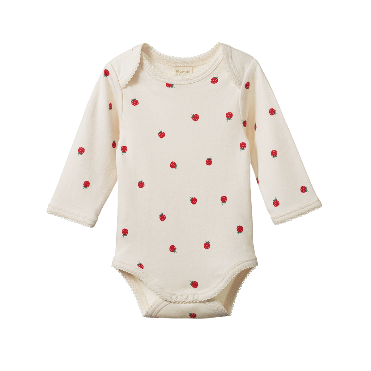 Baby onesie with red berry pattern on a white background