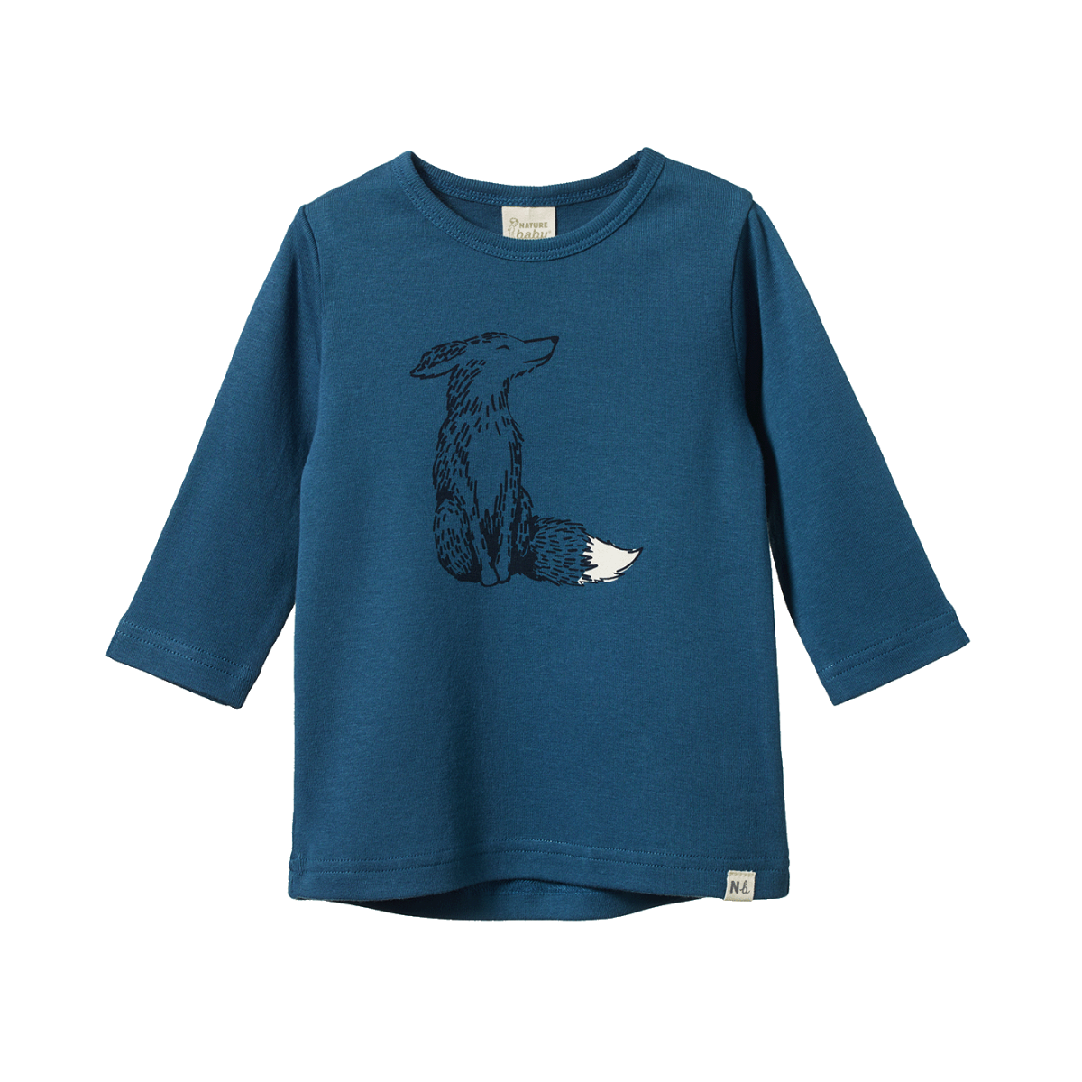 Blue long-sleeve shirt with a fox design on a white background