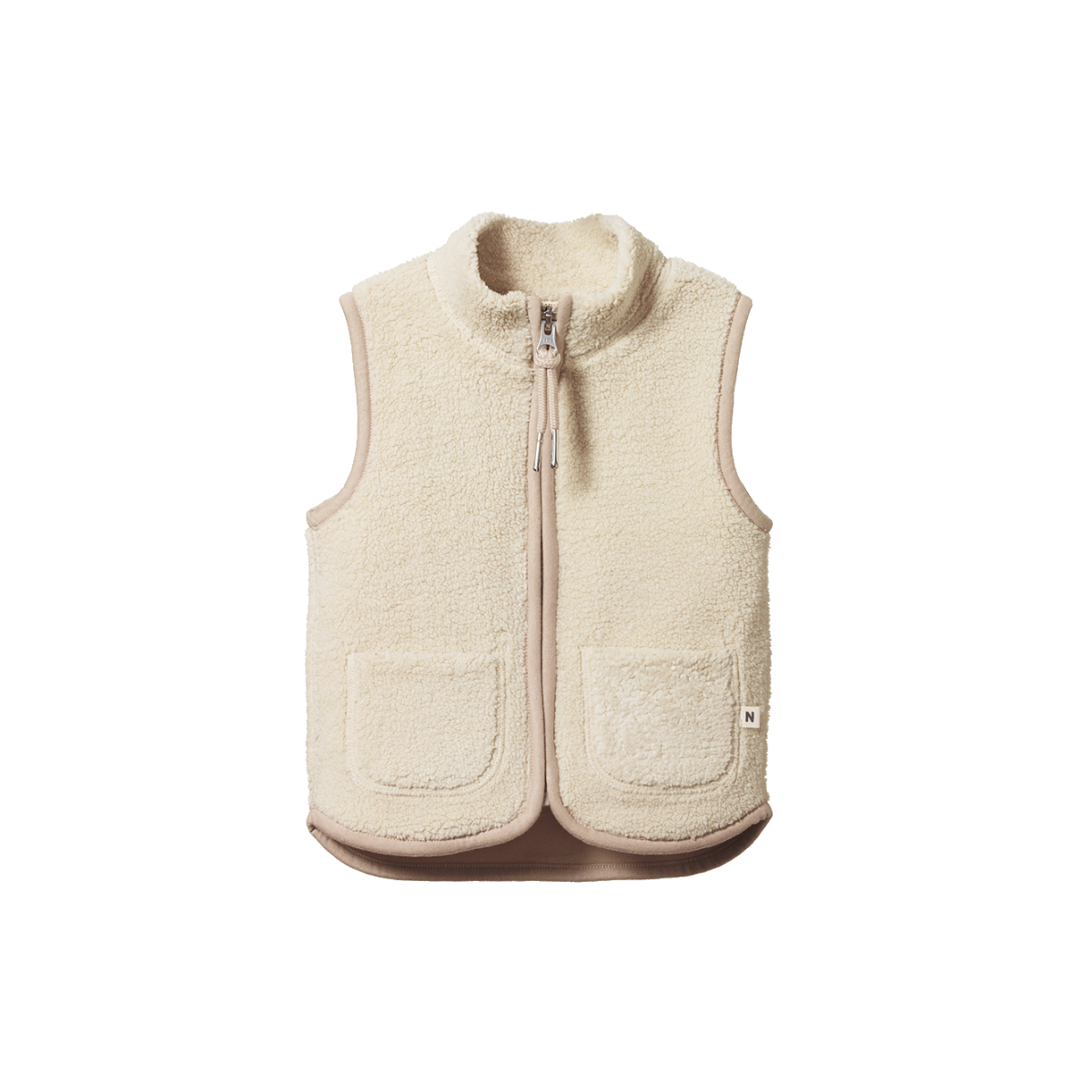 Child wearing an oatmeal vest over a green shirt against a wooden background