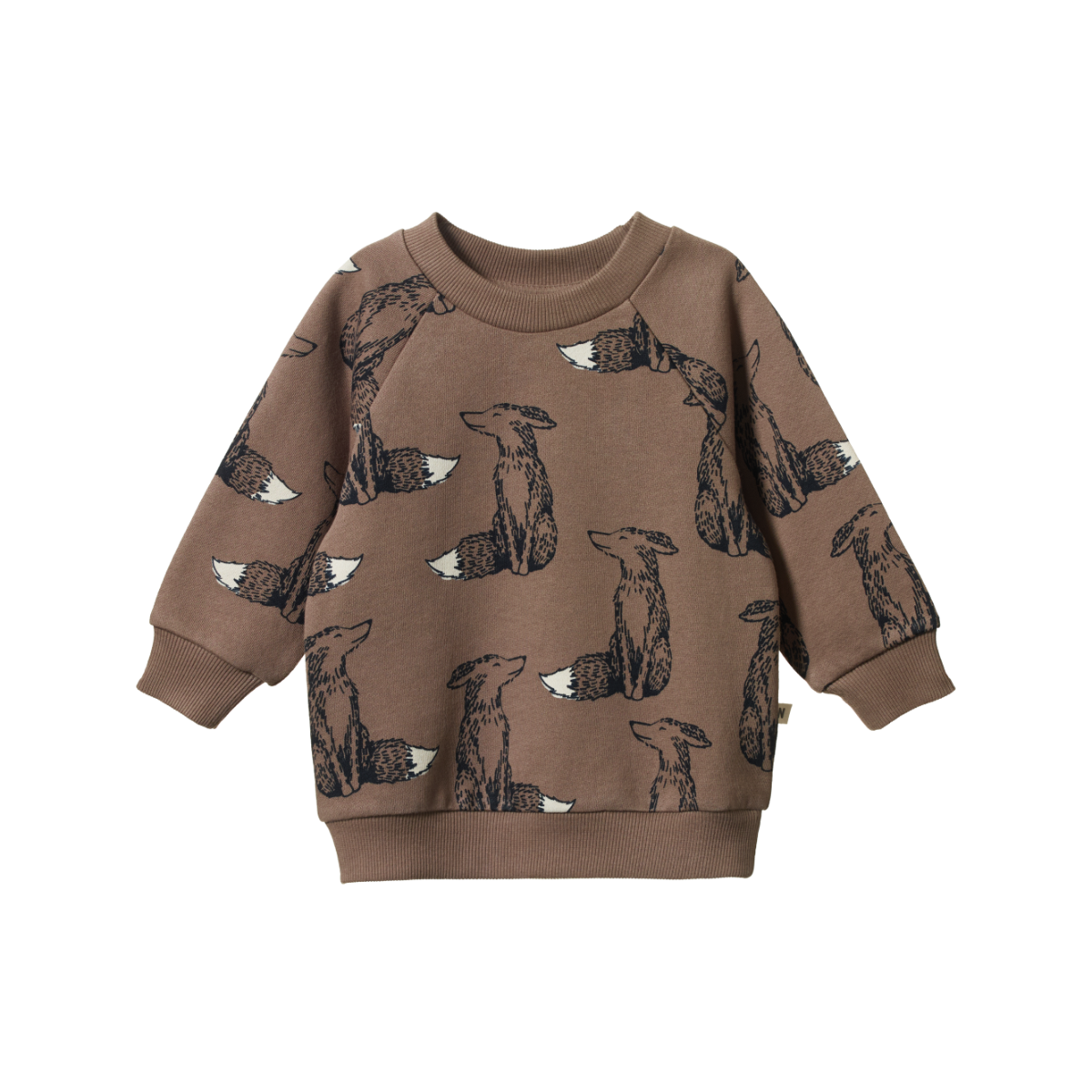 Child wearing a brown sweatshirt with fox patterns and a matching beanie outdoors.