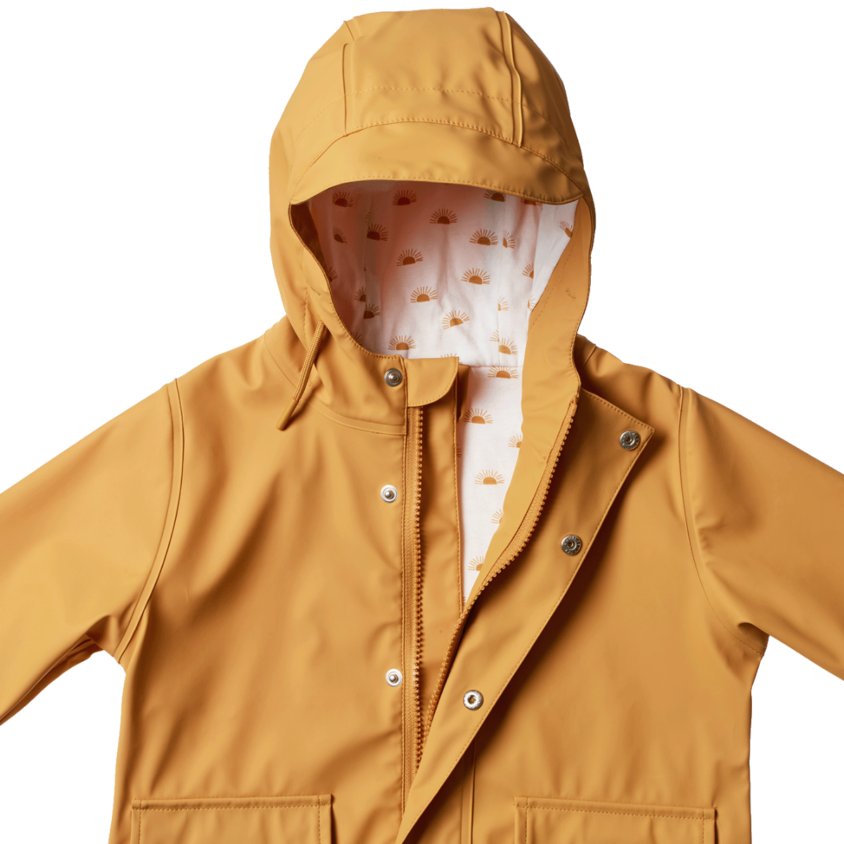 Mustard yellow raincoat with a sun print on the inside on a white background