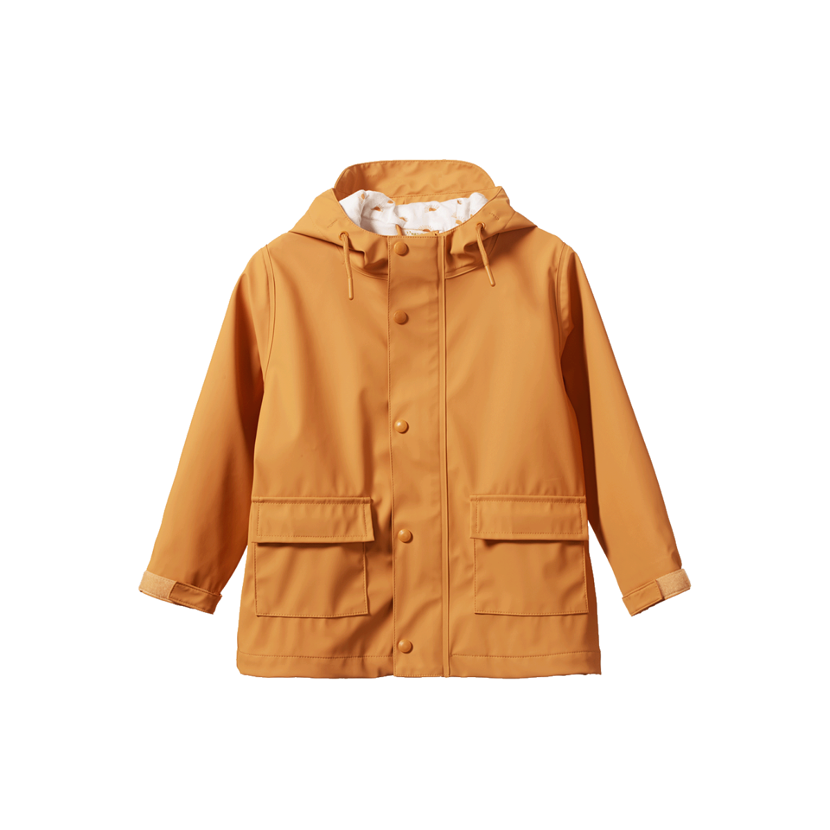 Blue raincoat with puffin pattern on a white background