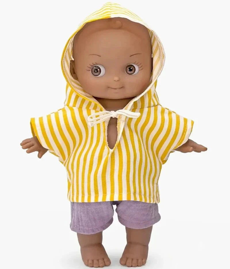 A doll wearing a yellow and white vertically striped hooded raincoat with a tie-neck and lavender-purple shorts, shown against a plain light gray background.