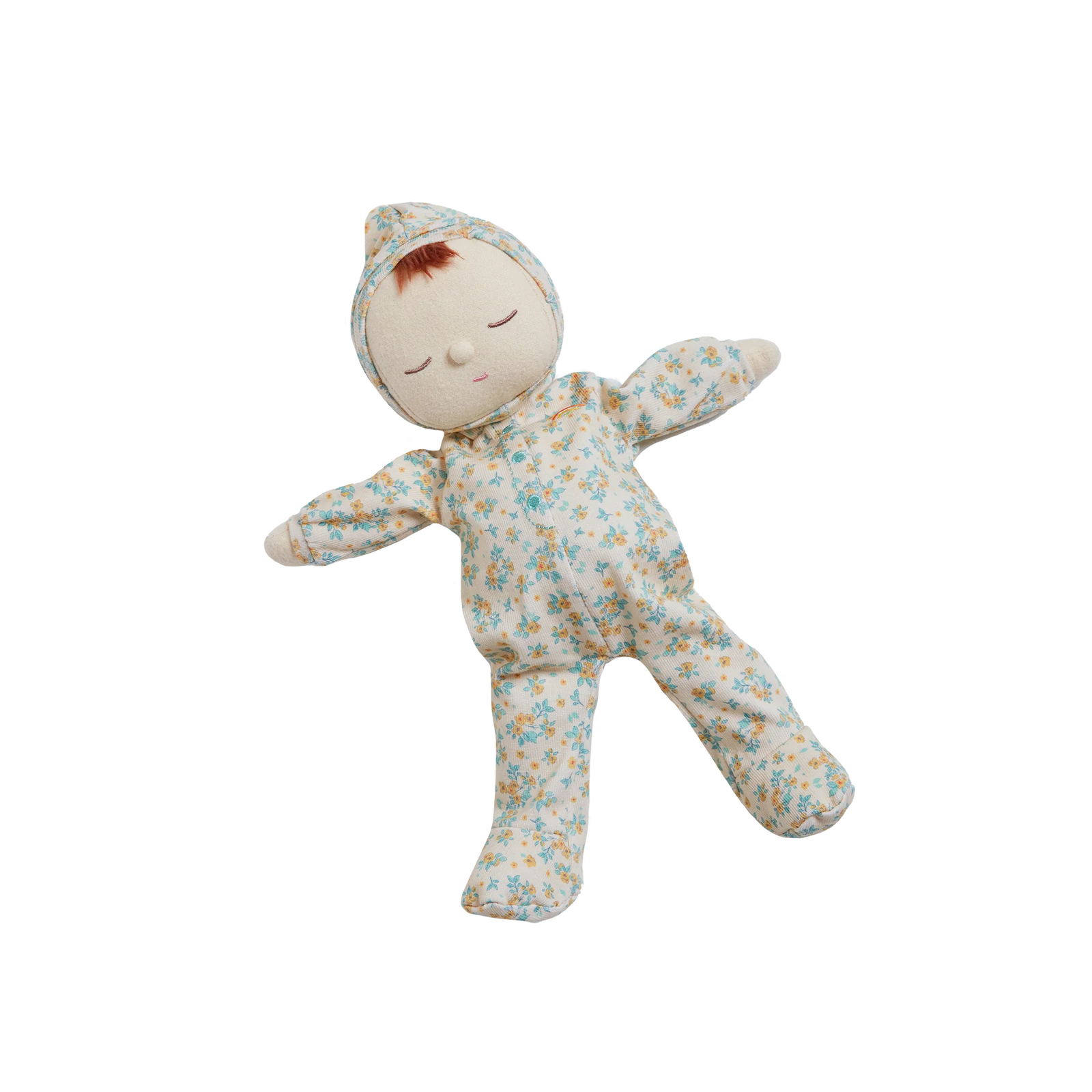 A fabric doll with a floral print onesie, cream-colored face and hands, and short red yarn hair, shown against a plain white background.