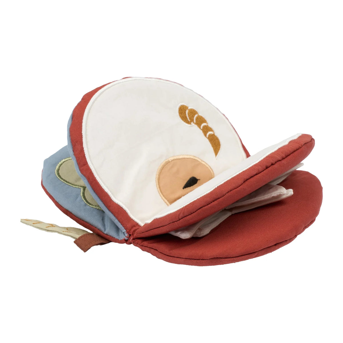 Children's soft book with animal illustrations on a white background