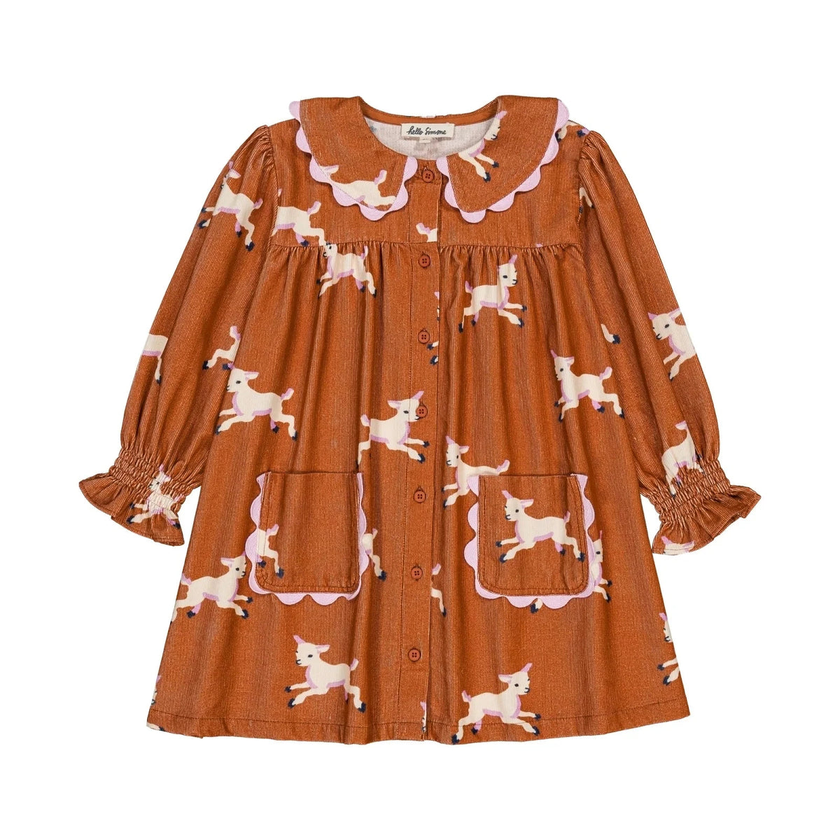 Brown dress with white lamb pattern on a white background