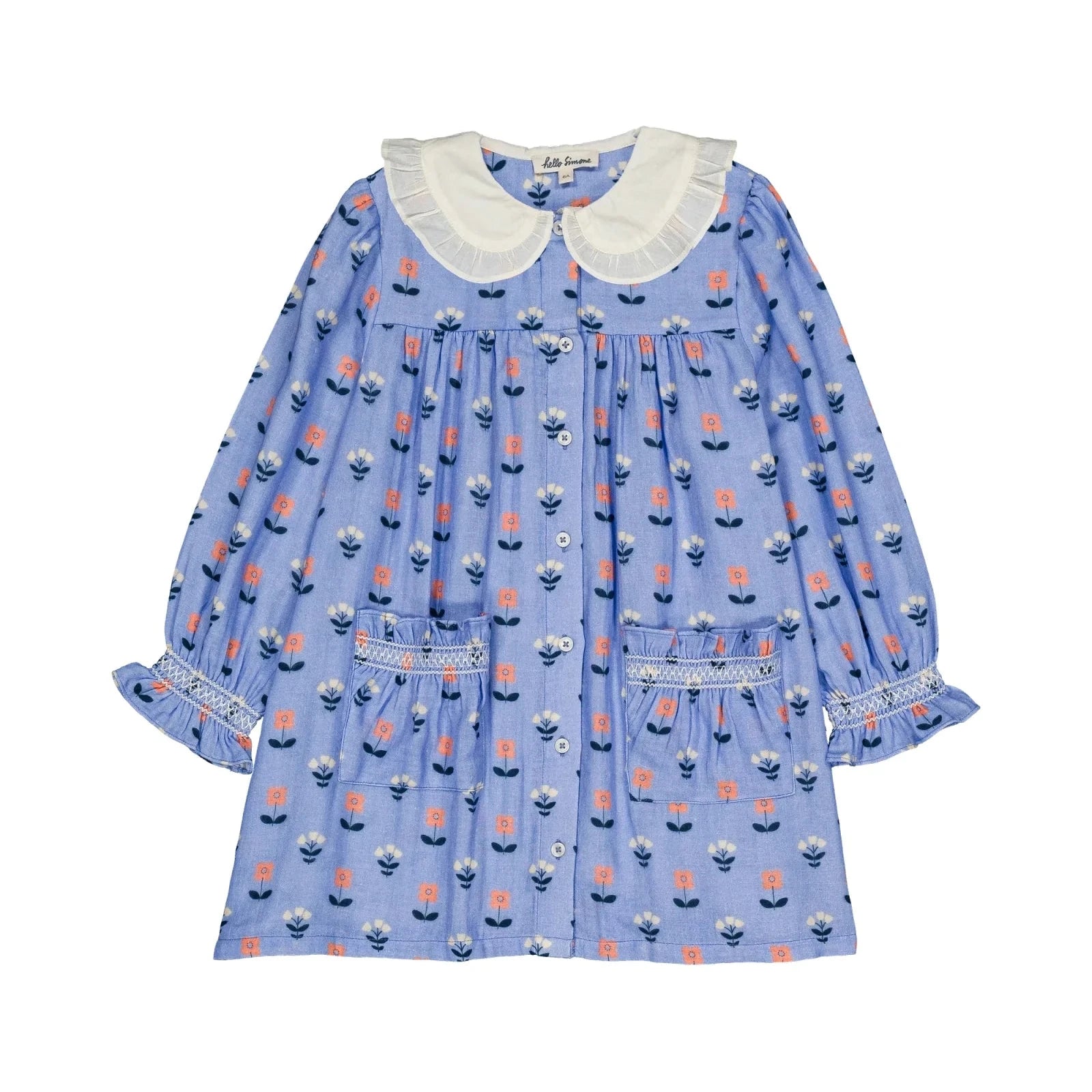 Blue dress with floral pattern and white collar on a white background