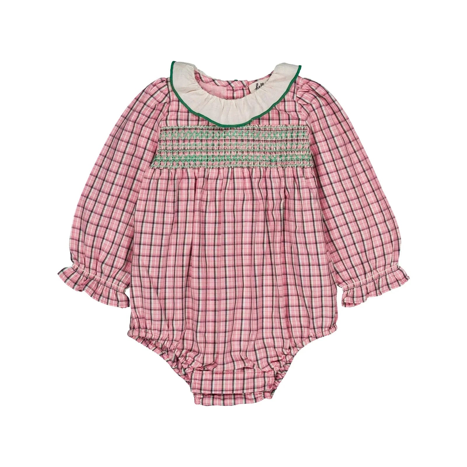 Pink checkered baby romper with green trim on a white background