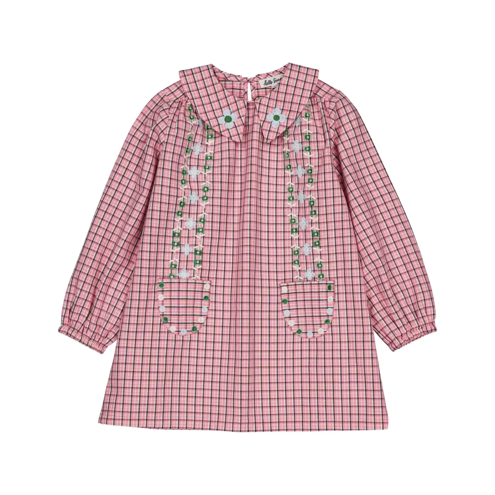 Pink checkered dress with floral embroidery on a white background