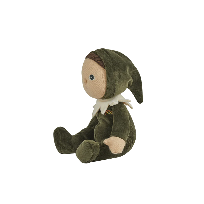 Plush toy elf in green outfit on a white background