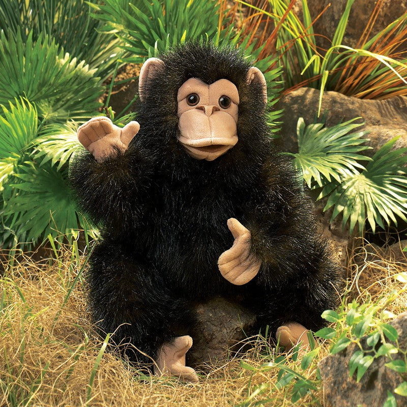 Stuffed monkey toy in a natural setting with plants and rocks