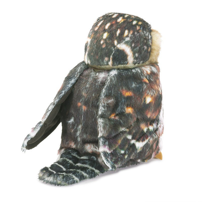 Plush owl toy with brown, white, and yellow colors on a white background