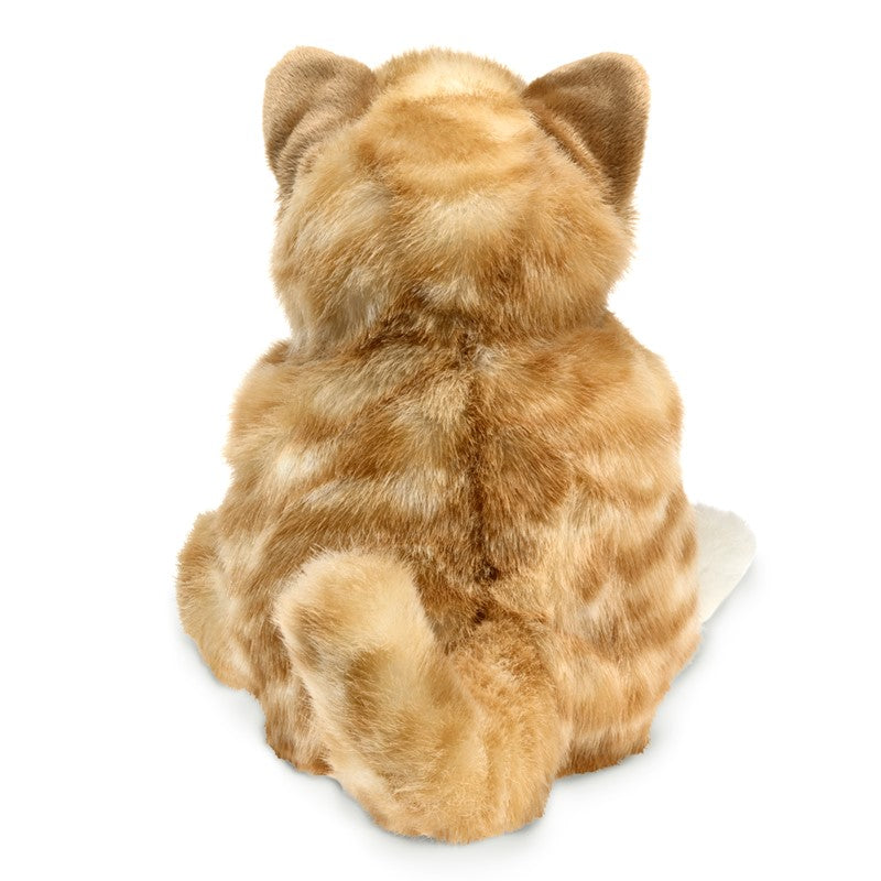 Back view of a plush cat toy on a white background