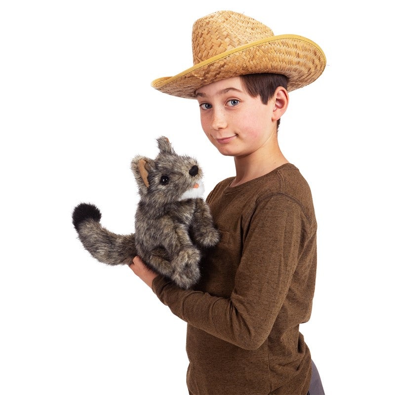 Child wearing a straw hat holding a plush coyote toy on a white background