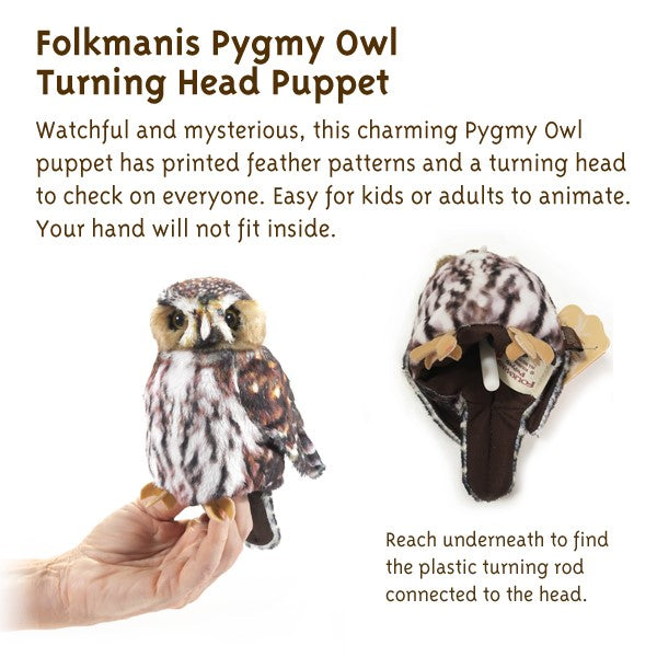 Folkmanis Pygmy Owl Turning Head Puppet with text description