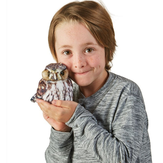 Child holding a small owl against a white background