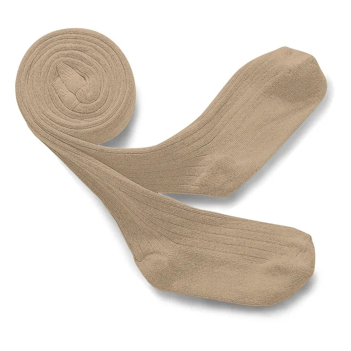 Pair of taupe tights on a white background