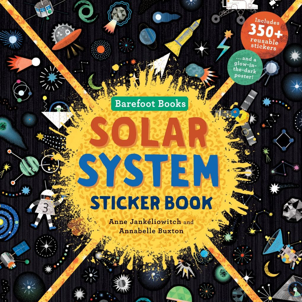 Solar System Sticker Book cover with colorful illustrations and text on a black background