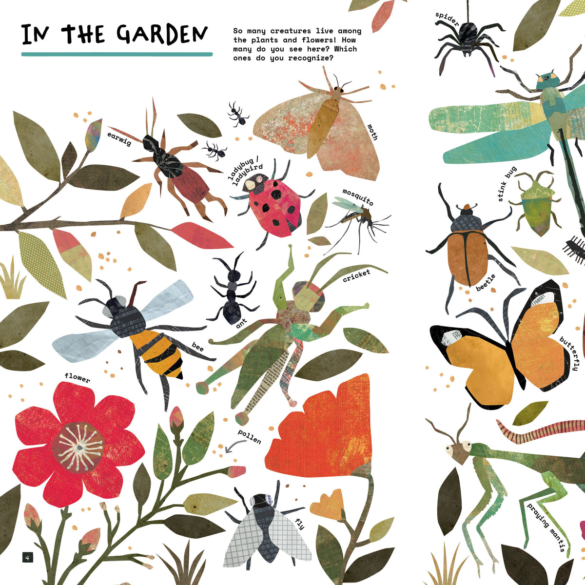 A children's educational book page'IN THE GARDEN' featuring colorful illustrations of garden insects and flowers. The page includes detailed drawings of a bee, dragonfly, ladybug, butterfly, snail, grasshopper, spider, and caterpillar, each with small labels and decorative foliage on a white background.