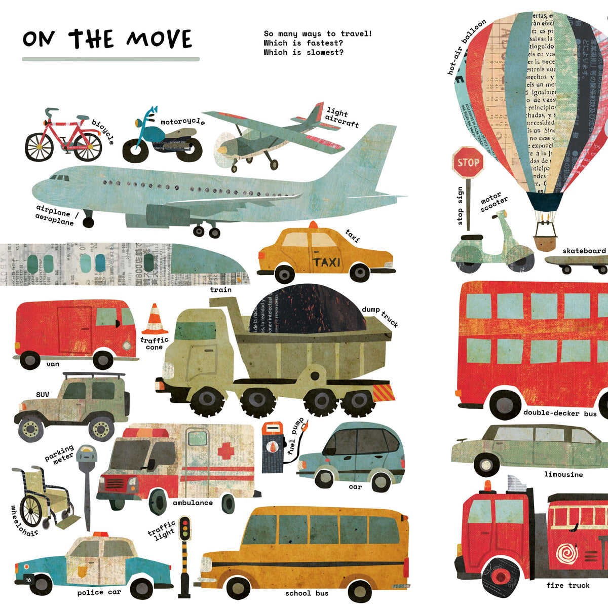 A colorful children's educational poster titled 'ON THE MOVE' featuring various illustrated vehicles such as cars, buses, trucks, a hot air balloon, a helicopter, and a bicycle, with small labels and a white background.