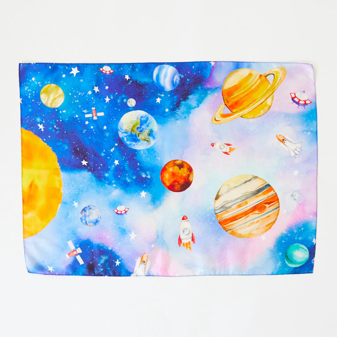 Play silk with space-themed design featuring planets, stars, and rockets on a blue background.