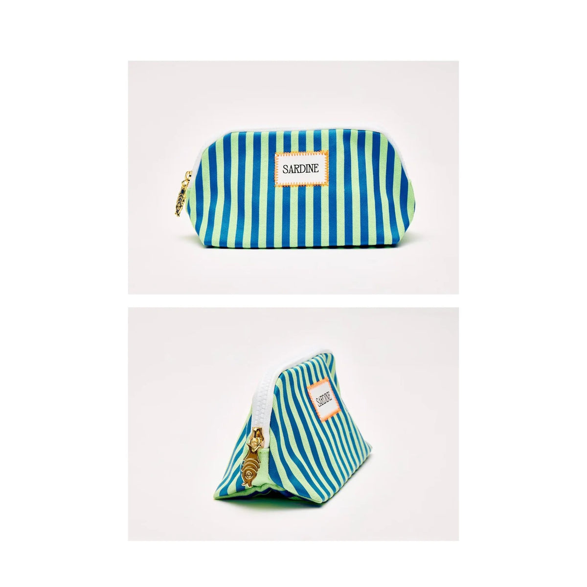 A striped sunglass pouch shown from two angles on a light beige background. The pouch has vertical stripes in teal and light blue-green, with a white brand label reading 'SARDINE' and a gold zipper pull.