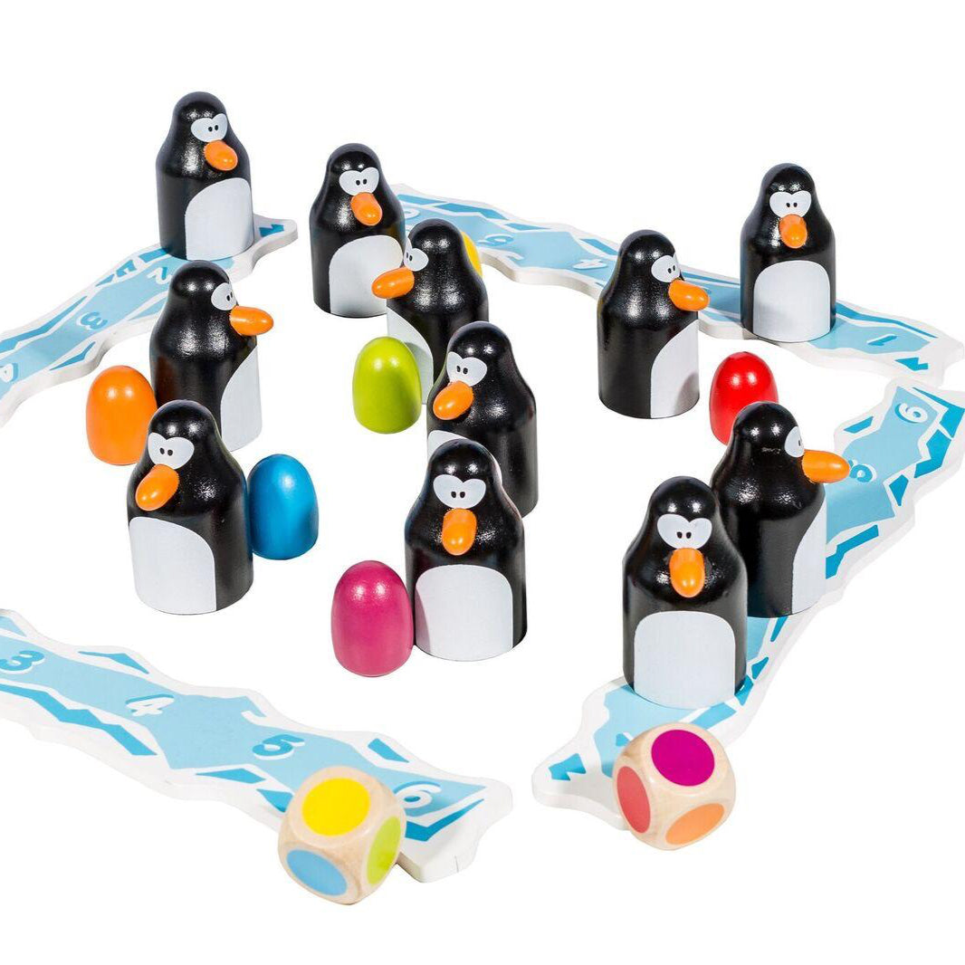 Penguin game with colorful penguins and balls on a white background