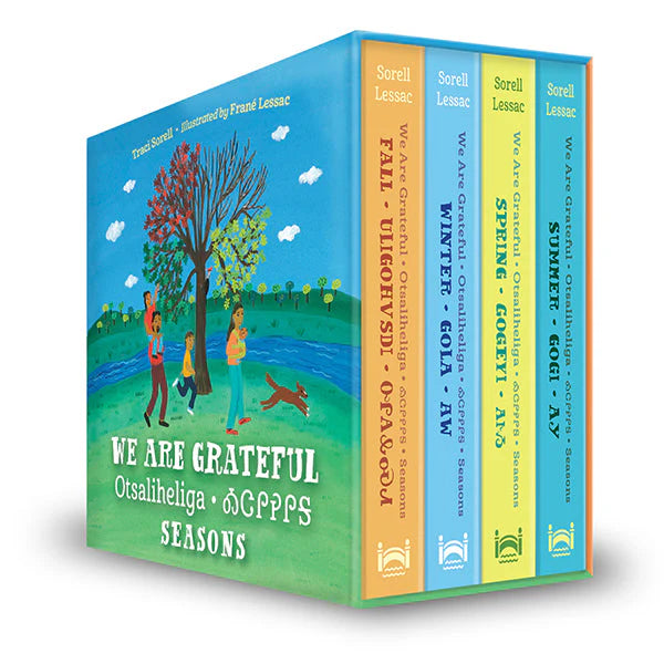 Set of four books titled 'We Are Grateful' Otsaliheliga Season by Sorell Lessac on a white background