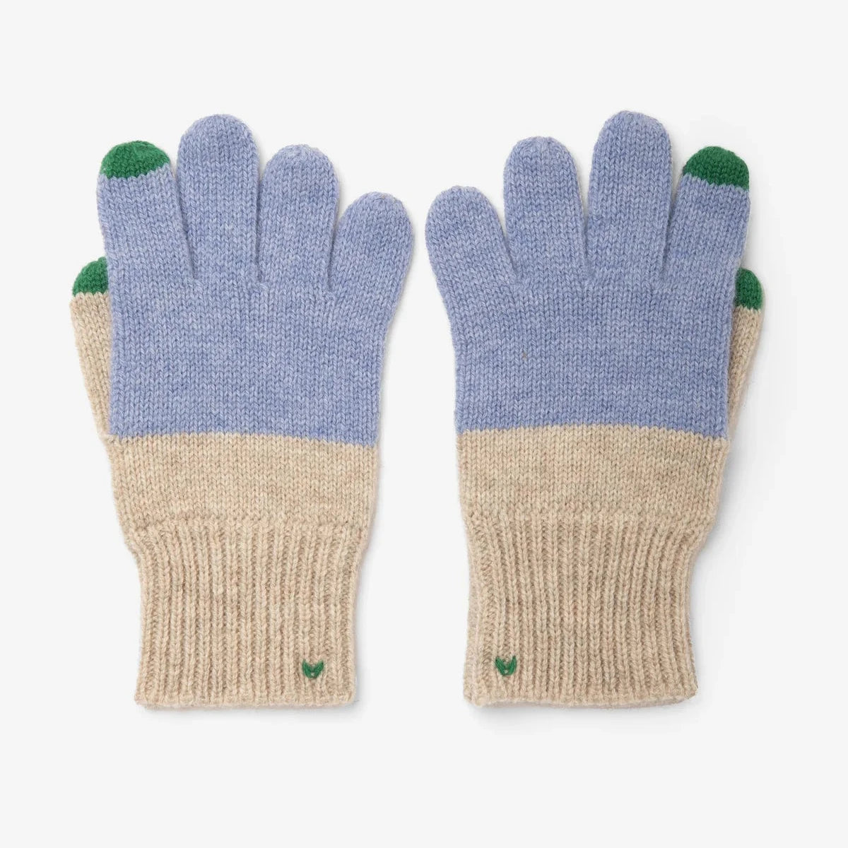 Pair of gloves with blue and beige color scheme on a white background