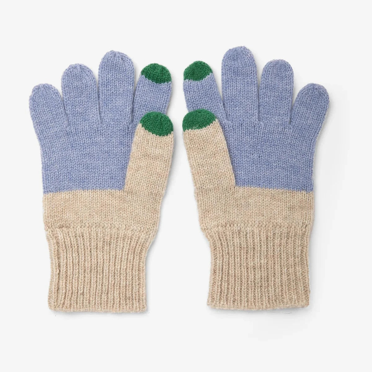 Pair of gloves with blue and beige color scheme on a white background