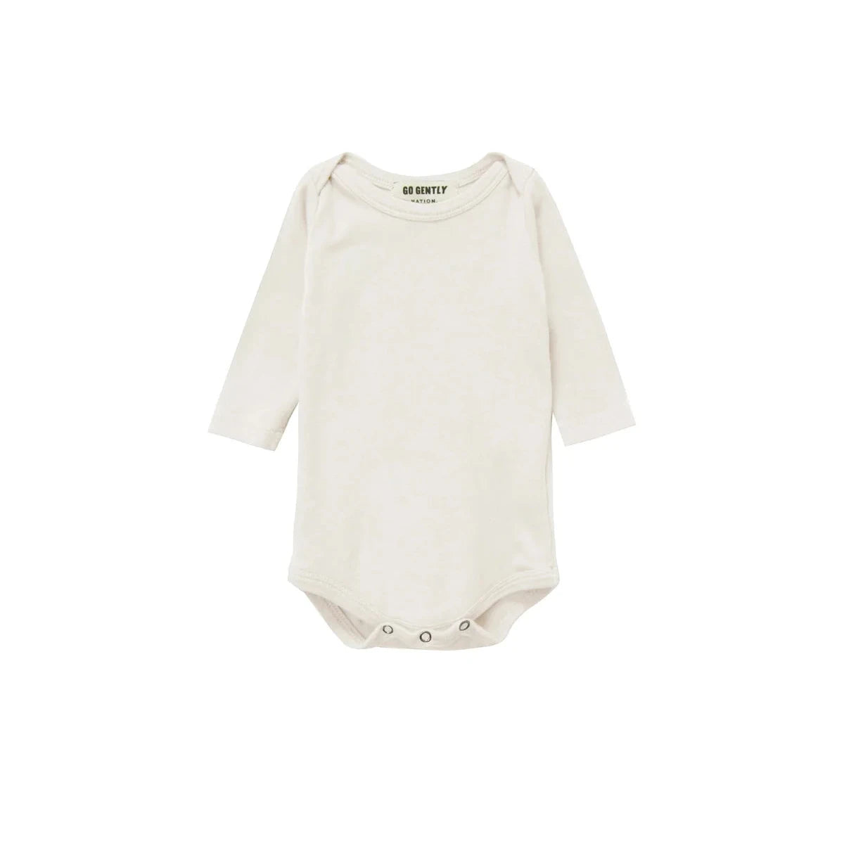An off-white long-sleeve baby bodysuit with three-button crotch, shown flat on a white background.