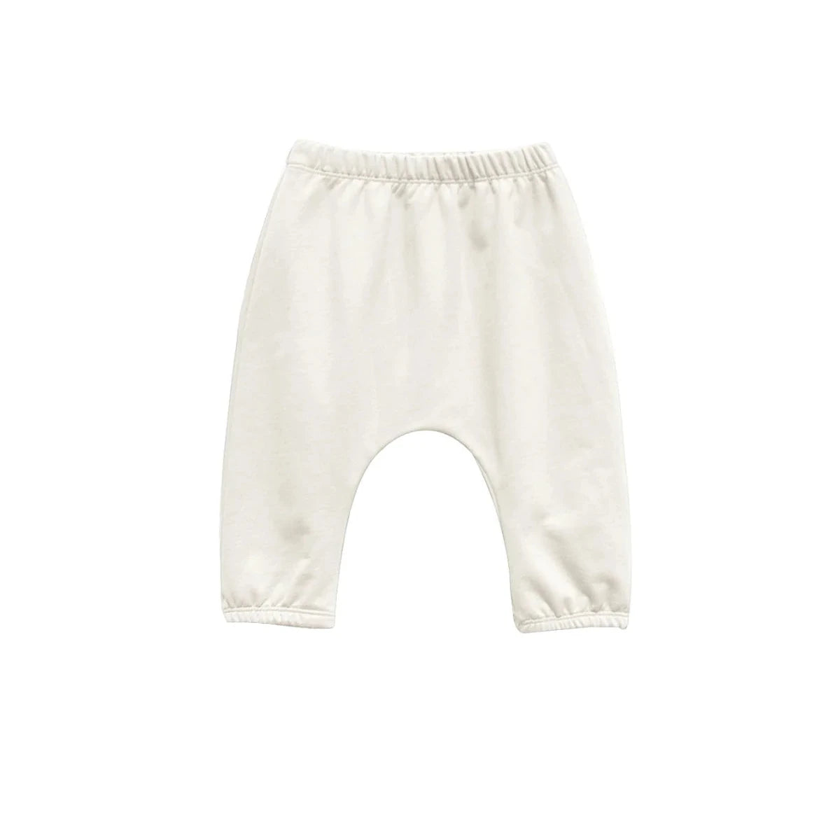 Off-white baby pants with an elastic waistband and leg openings, shown flat against a white background.
