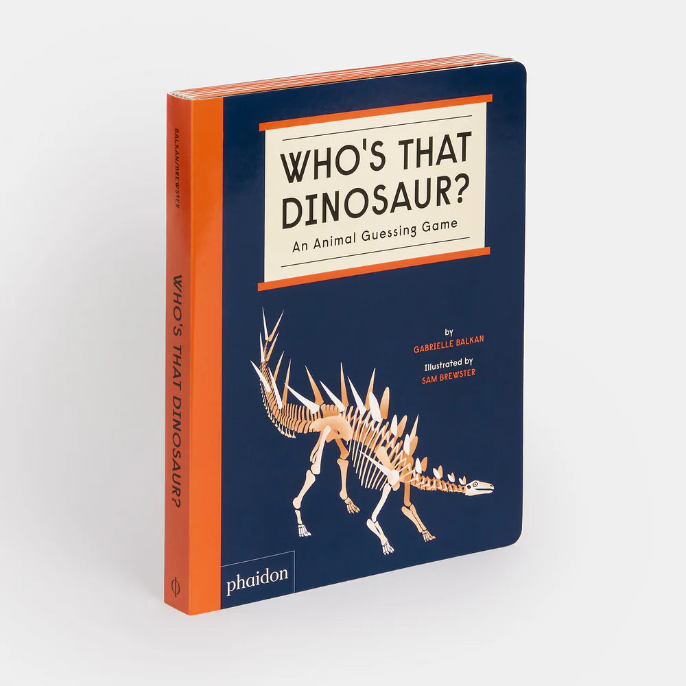 Book titled 'Who's That Dinosaur?' with a dinosaur skeleton illustration on a white background