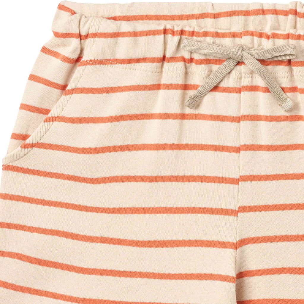Close-up of striped shorts with orange and beige pattern.