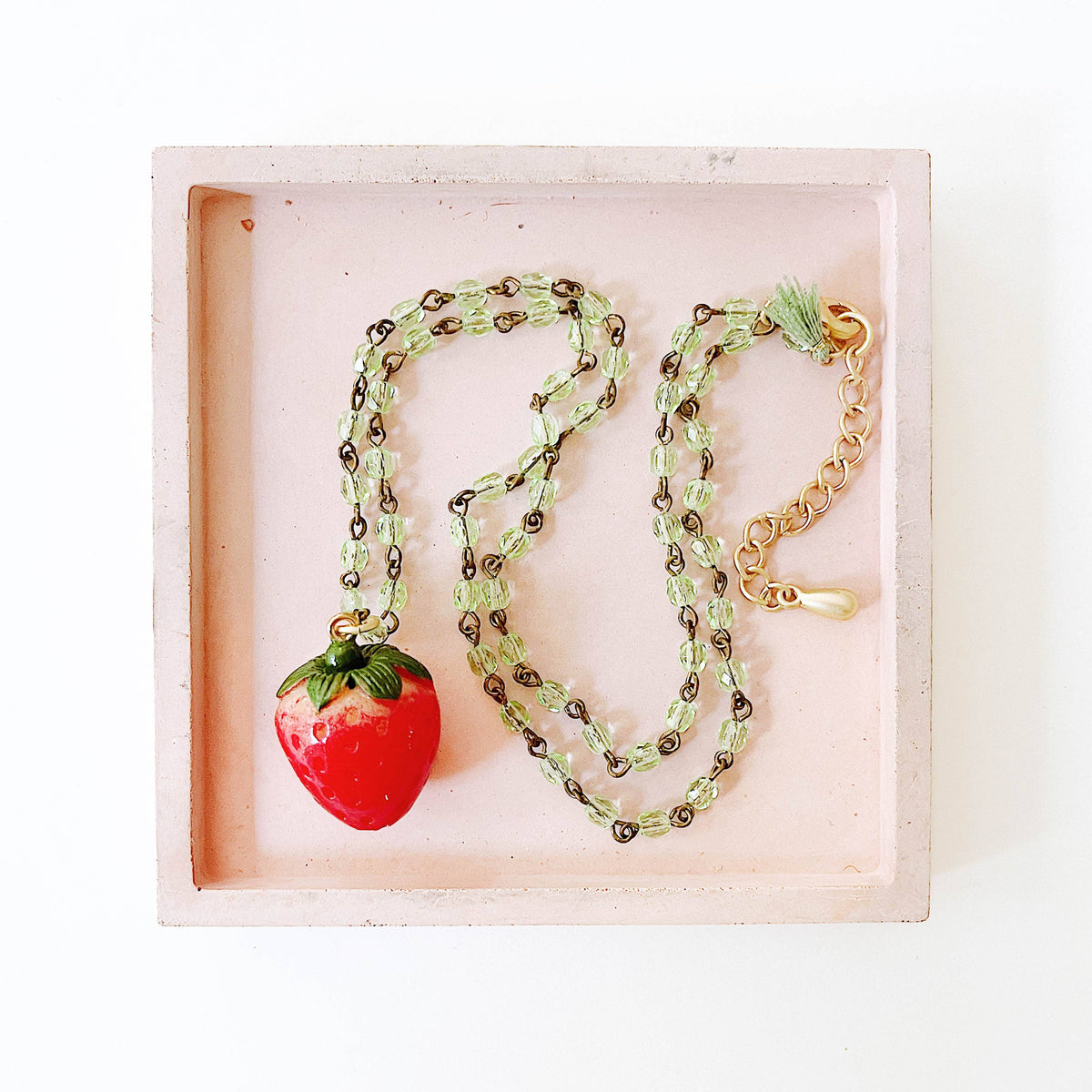 Strawberry Charm Necklace with Green Beads