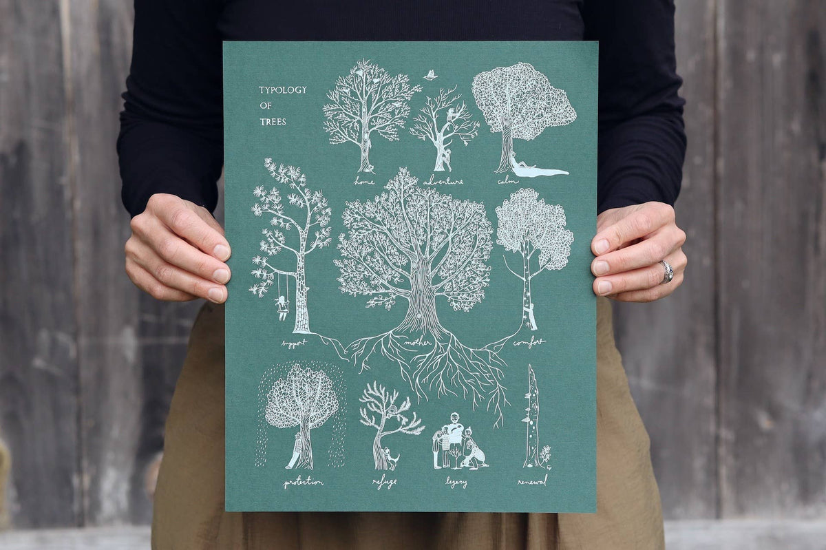 woman holding print of 10 different trees