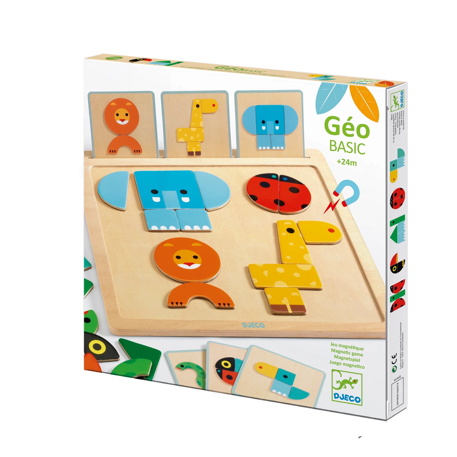Packaging for a GeoBasic Wooden Puzzle featuring various colorful wooden pieces shaped as animals and characters, and a metal board.