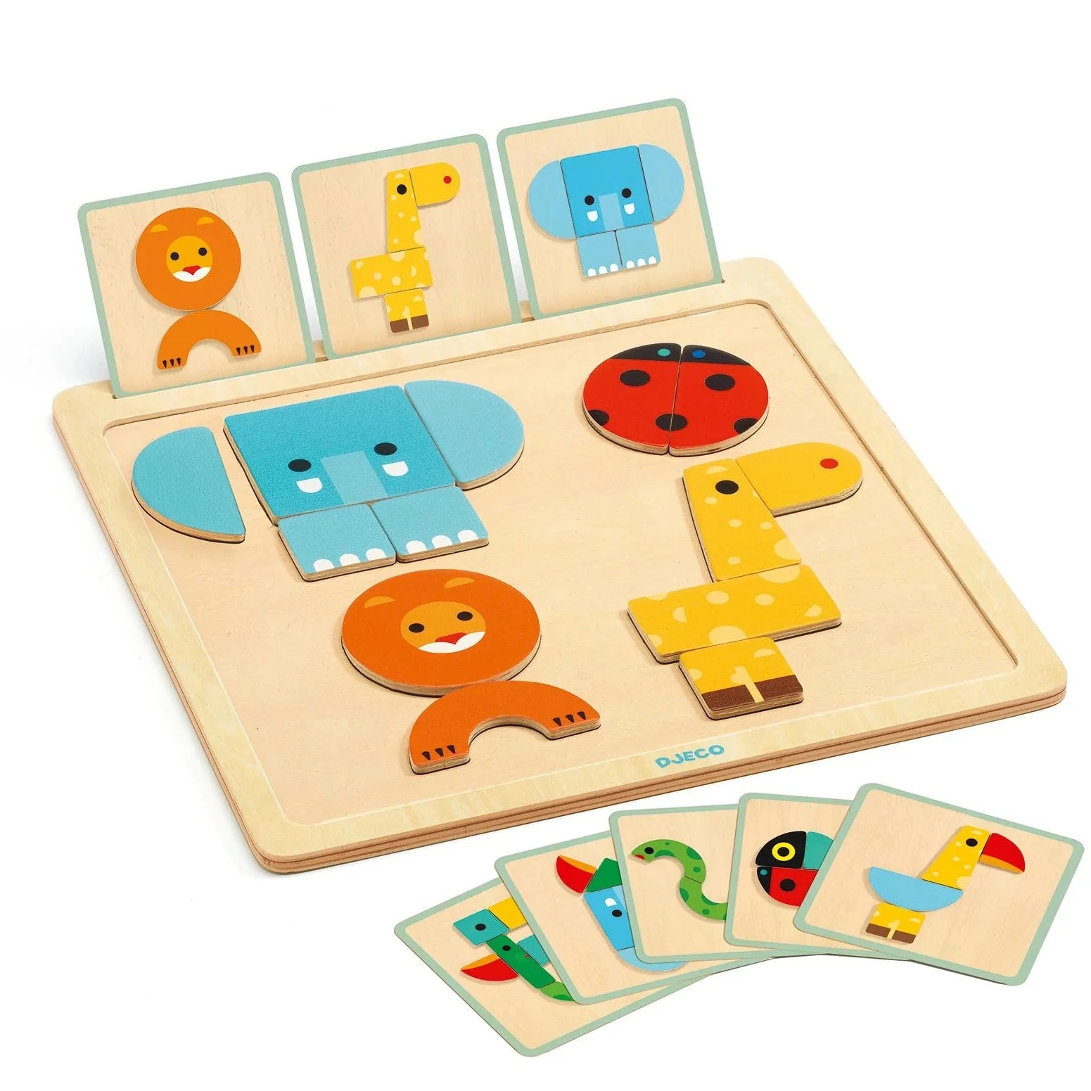 Packaging for a GeoBasic Wooden Puzzle featuring various colorful wooden pieces shaped as animals and characters, and a metal board.